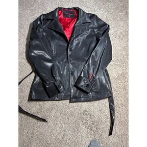 Misdemeanor Black Faux Leather Jacket Red Lining Belted Goth Y2K Large